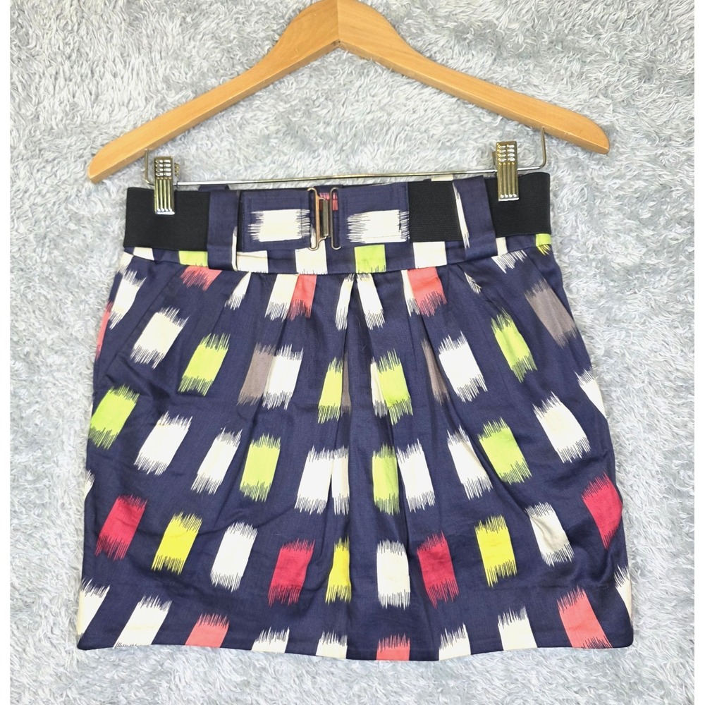 BCBGeneration Ikat Print Mini Skirt Navy Blue Cotton Belted Pockets‎ Size 2